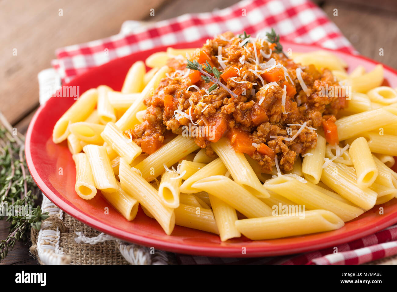 Pasta bolognese. Pasta served with a sauce of ground beef meat, tomato