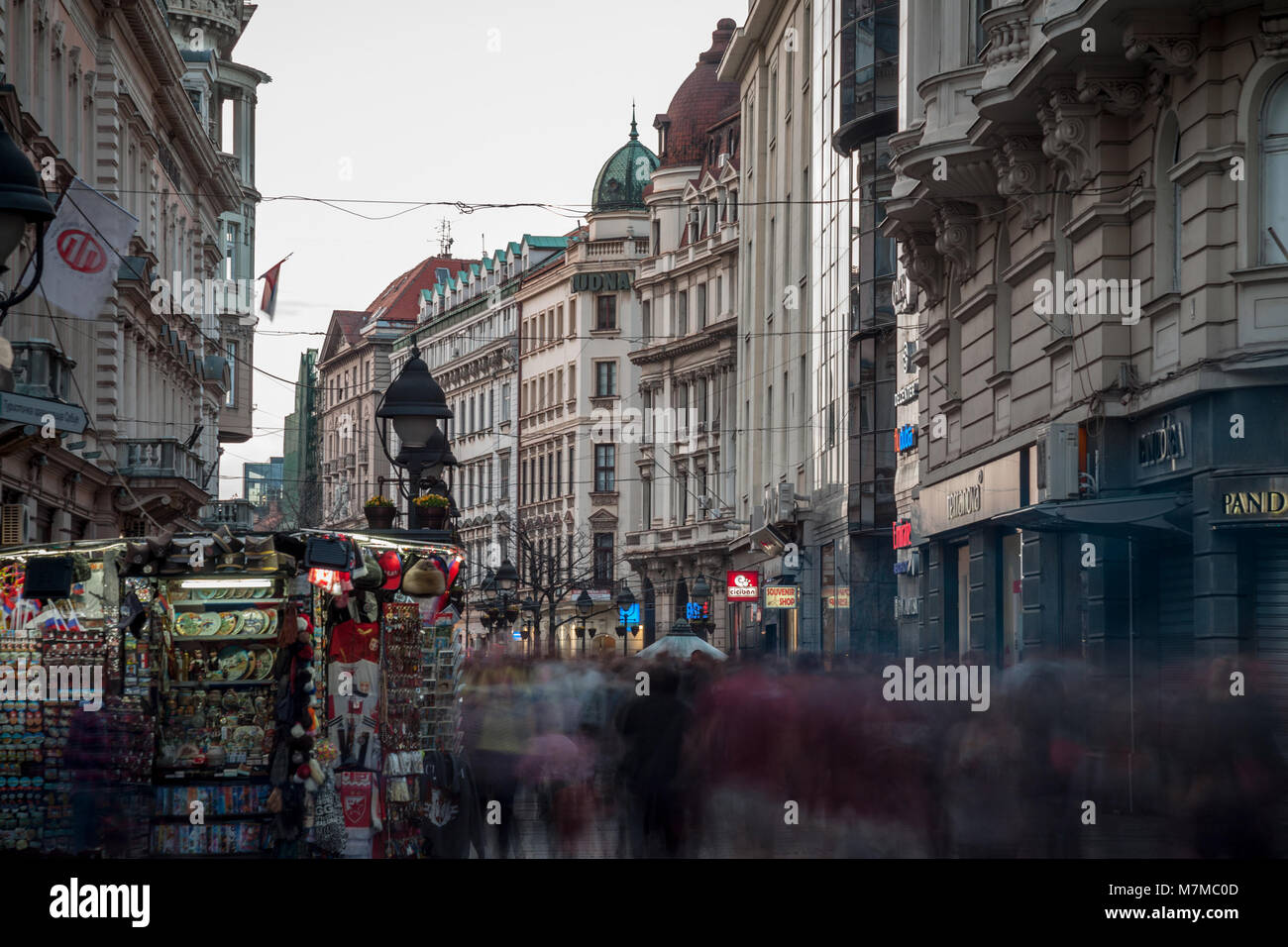 BELGRADE, SERBIA - MARCH 11, 2018: Kneza Mihailova street at dawn, crowded. Also known as Knez Mihaila, this is the main pedestrian street of the city Stock Photo