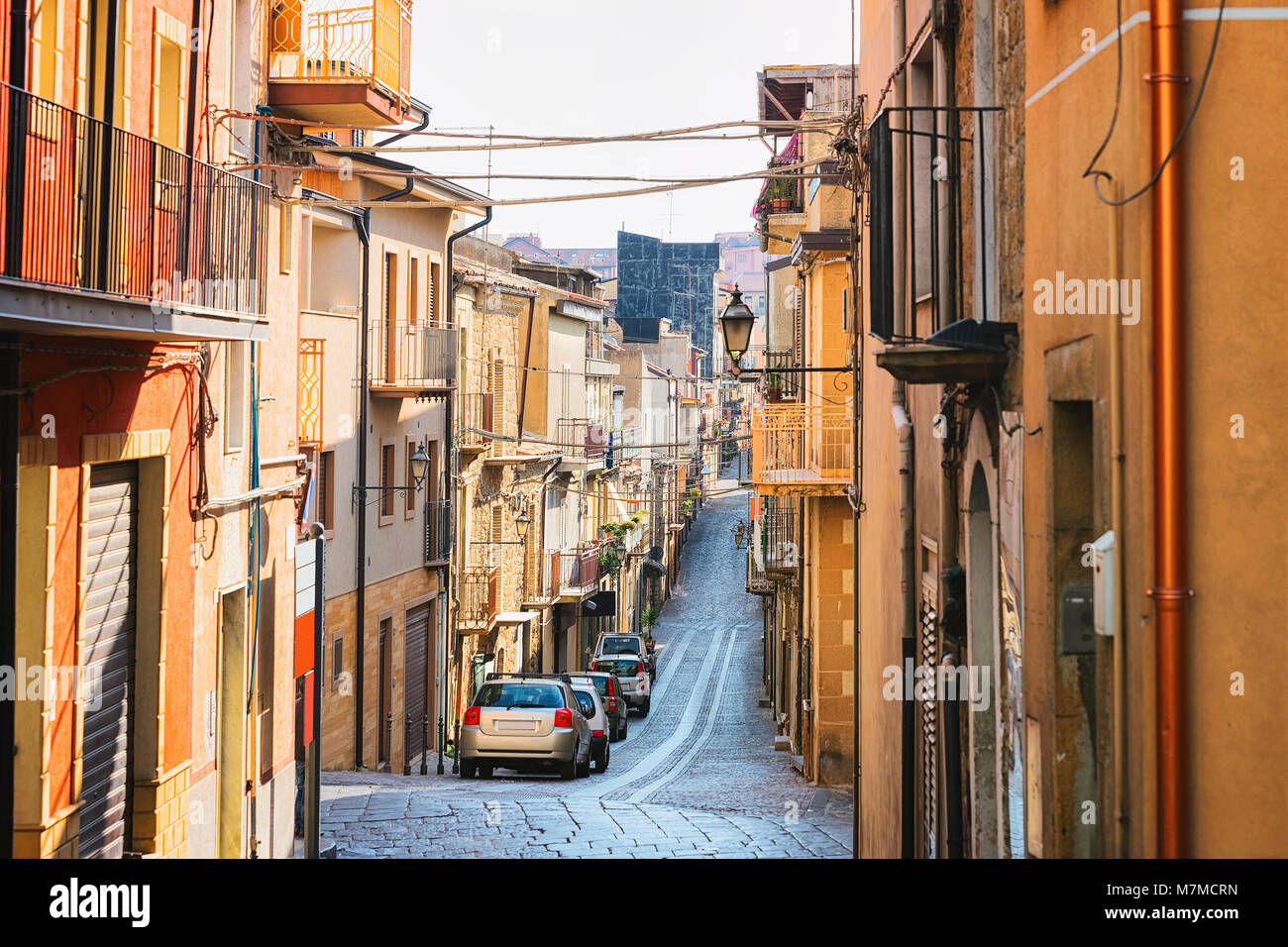 Street with old houses at Aidone, Enna province, Sicily in Italy Stock Photo