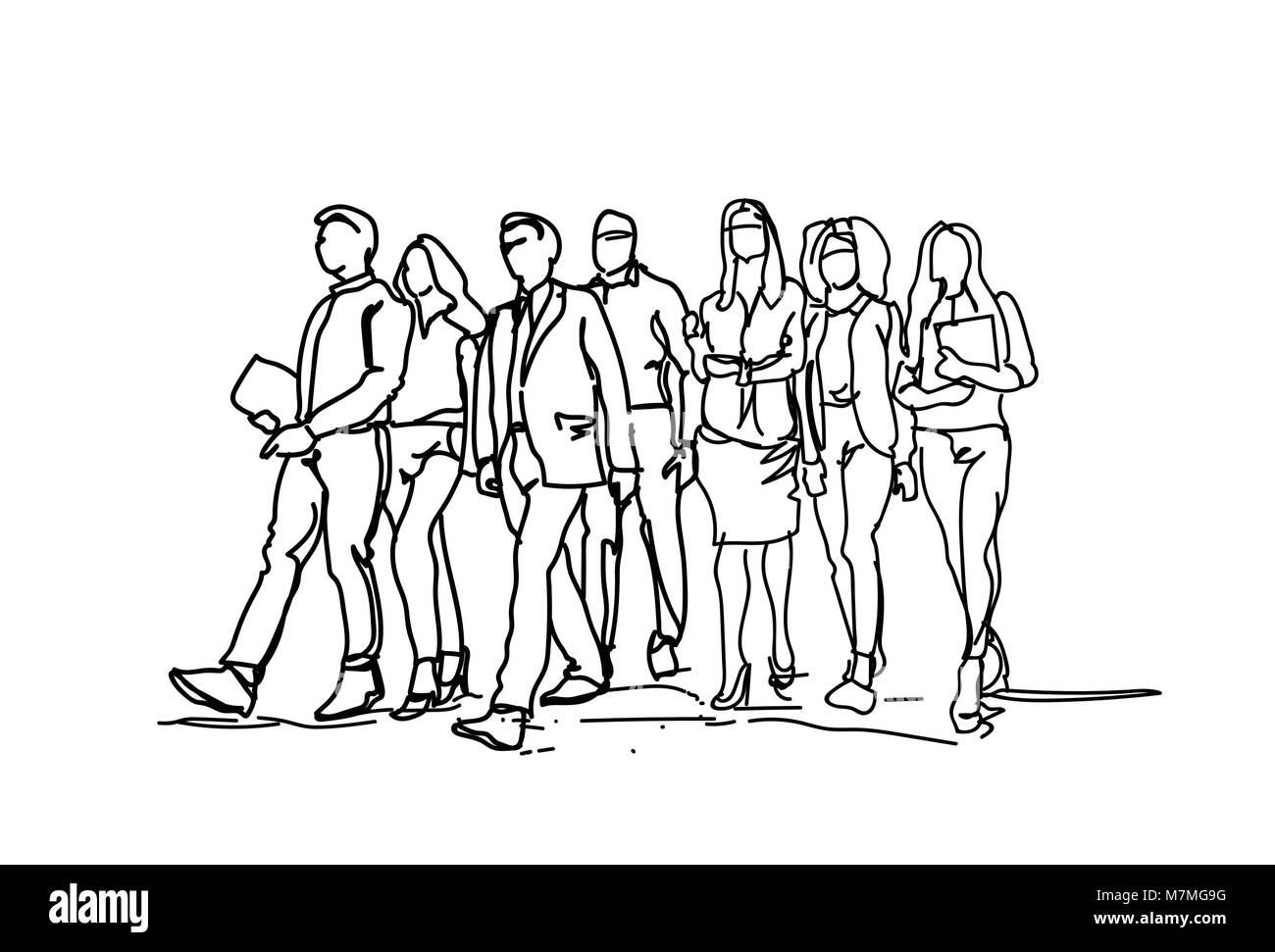 Group Of Hand Drawn Business People Walking Forward, Sketch Businesspeople Team Of Professionals On White Background Stock Vector