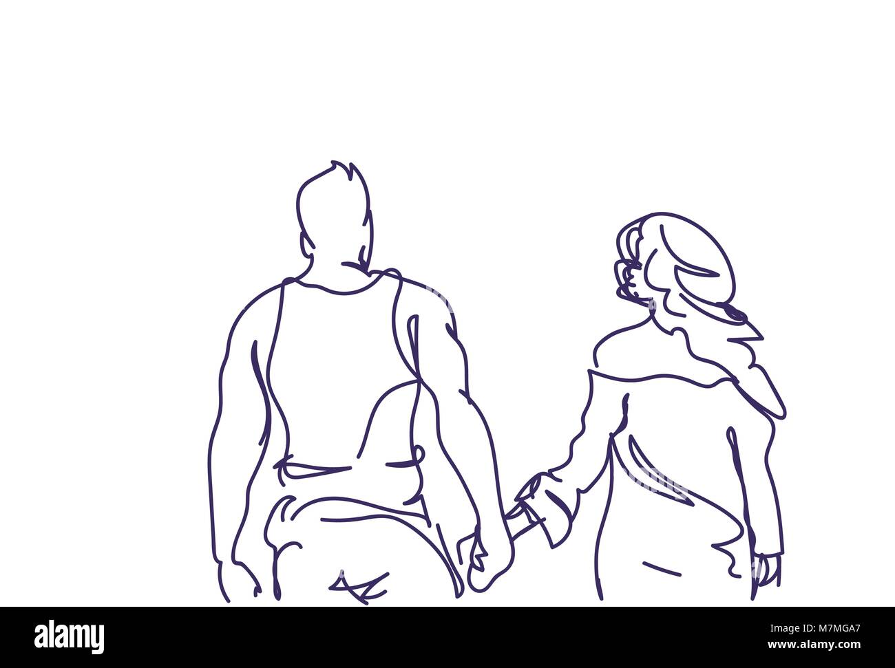 Doodle Couple Walk Holding Hands Back Rear View Sketch Man And Woman Over White Background Stock Vector