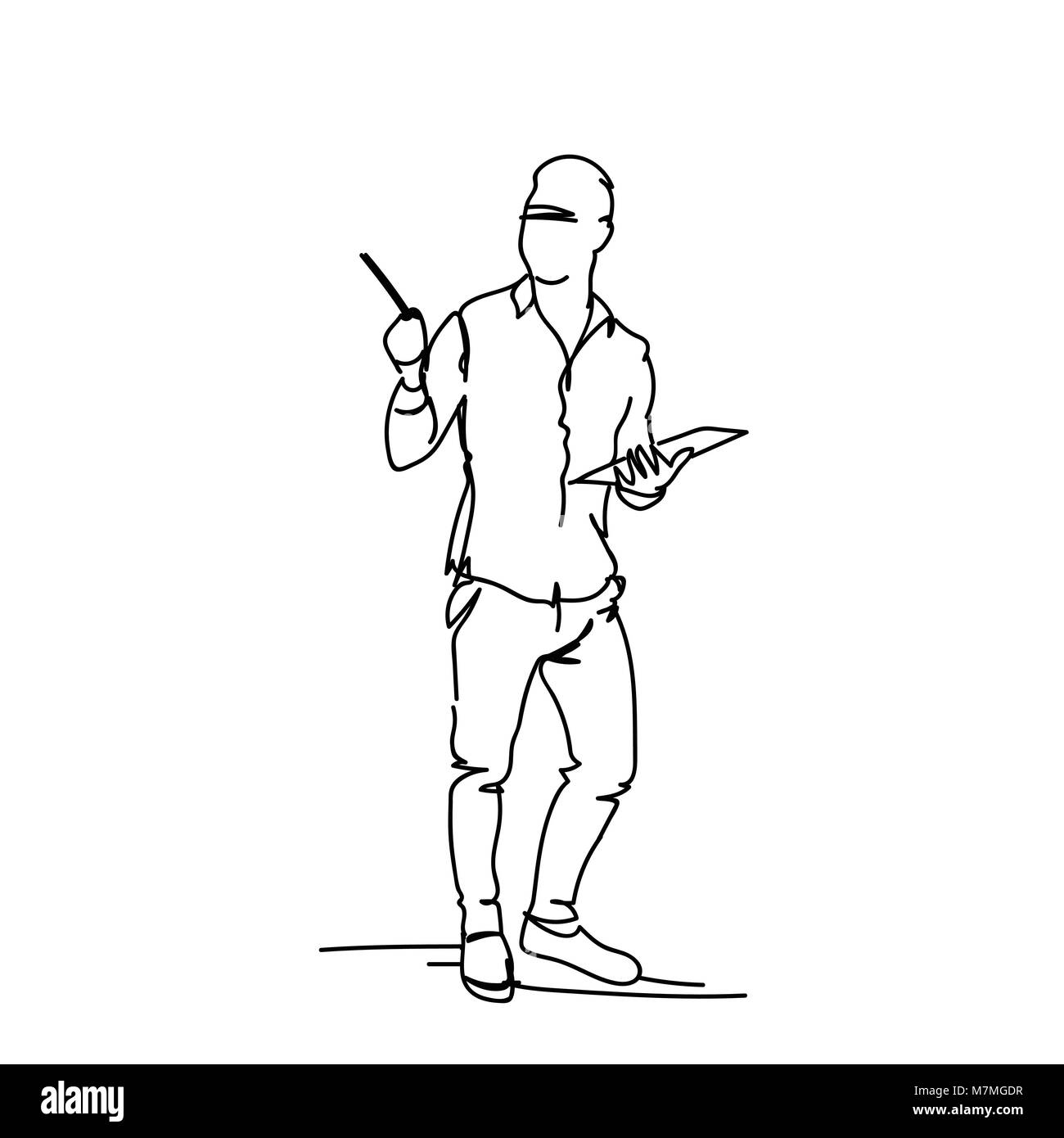 Sketch Business Man Holding Documents Doodle Male Silhouette On White ...