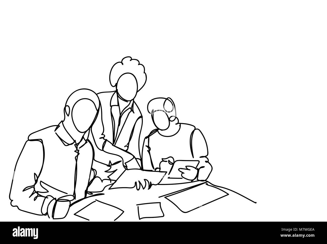 Business Men Team Working Together At New Startup During Brainstorming Meeting Simple Doodle Style Stock Vector