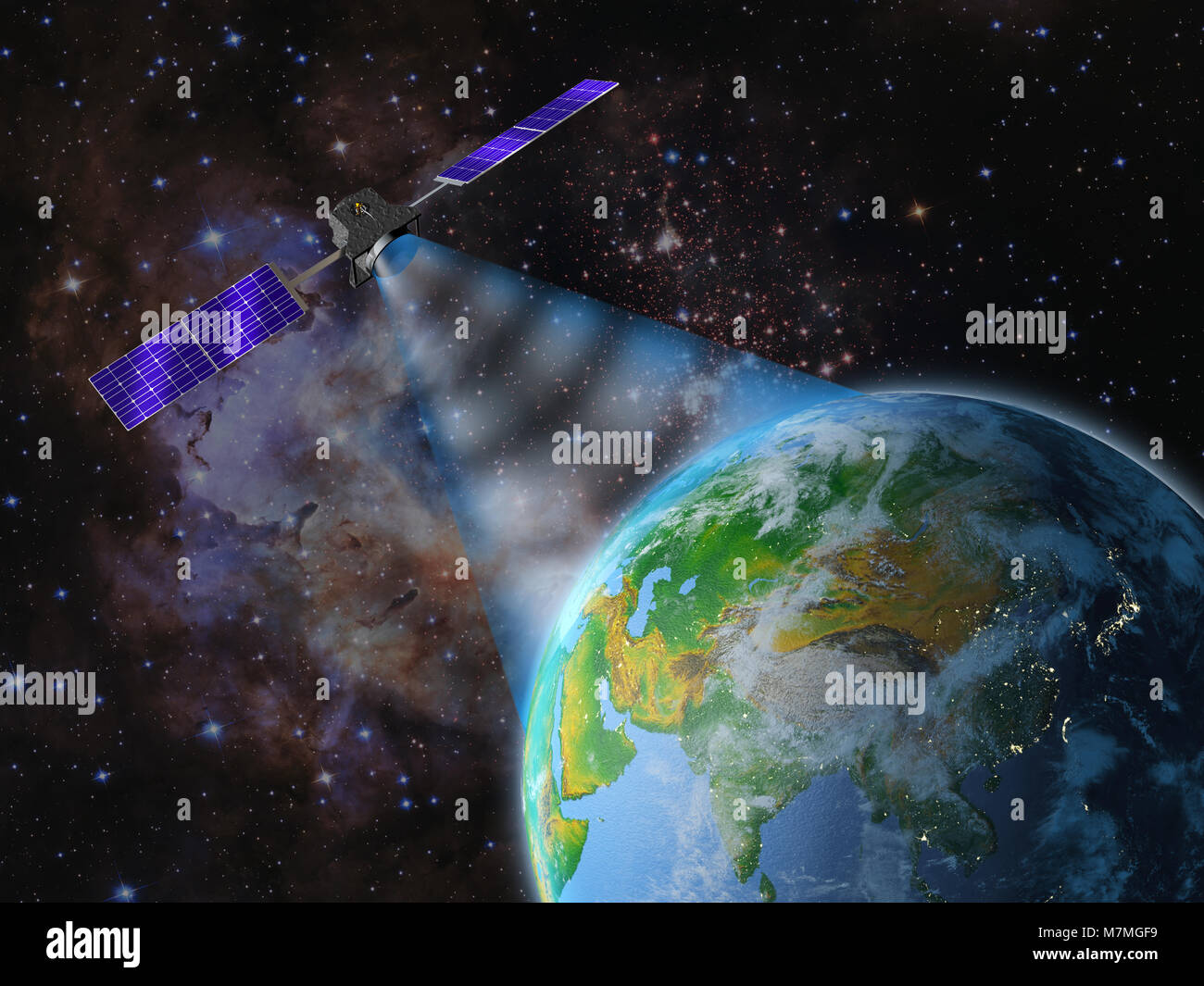 Satellite transmits a signal to the earth. 3d rendering. Elements of this image are furnished by NASA. Stock Photo