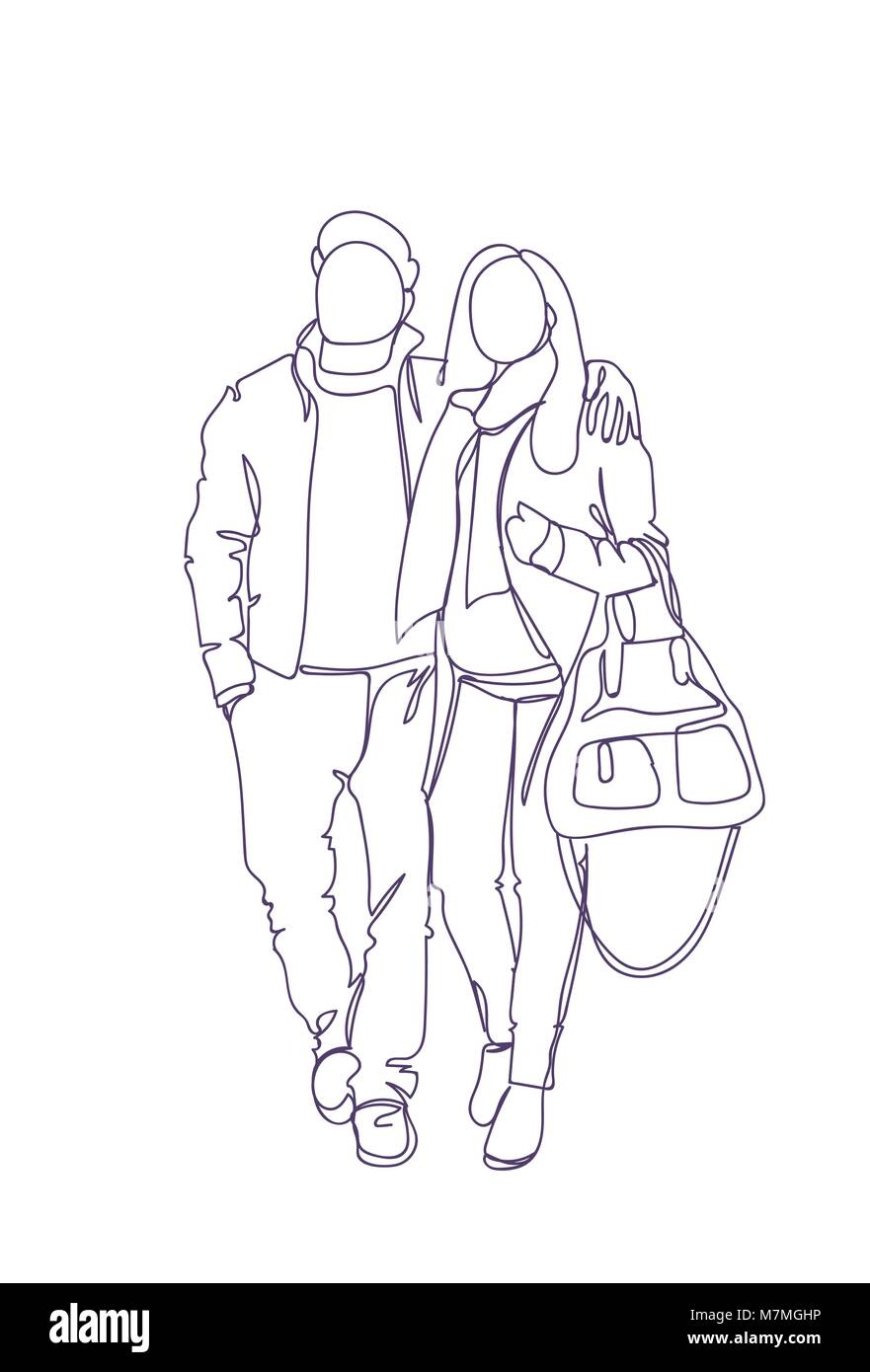 Doodle Couple Walk Embracing Sketch Man And Woman Full Length Over White  Background Stock Vector Image & Art - Alamy