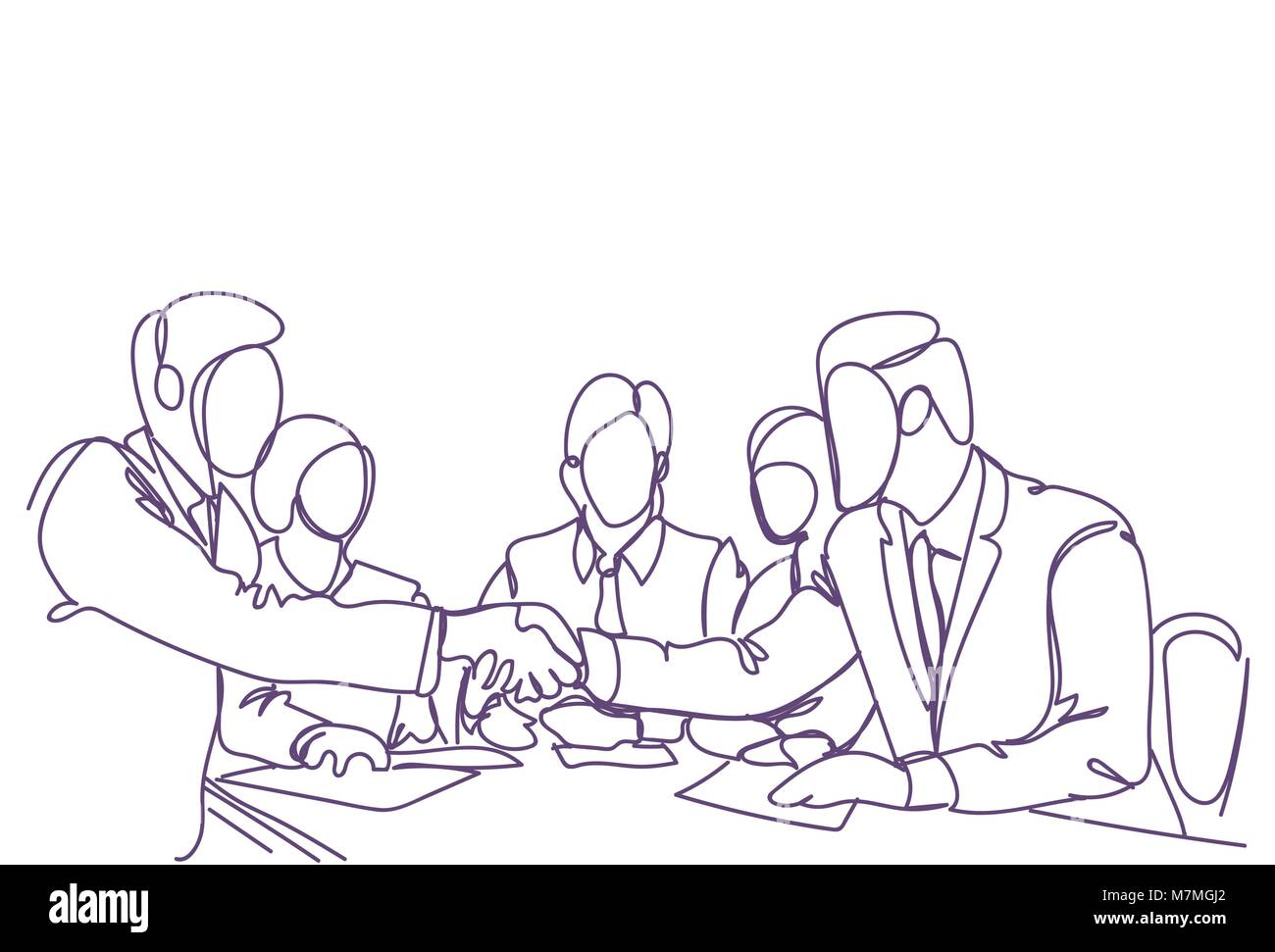 Handshake Concept Two Business Men Leaders Shaking Hands Doodle Silhouette Over Meeting Of Successful Teams Stock Vector