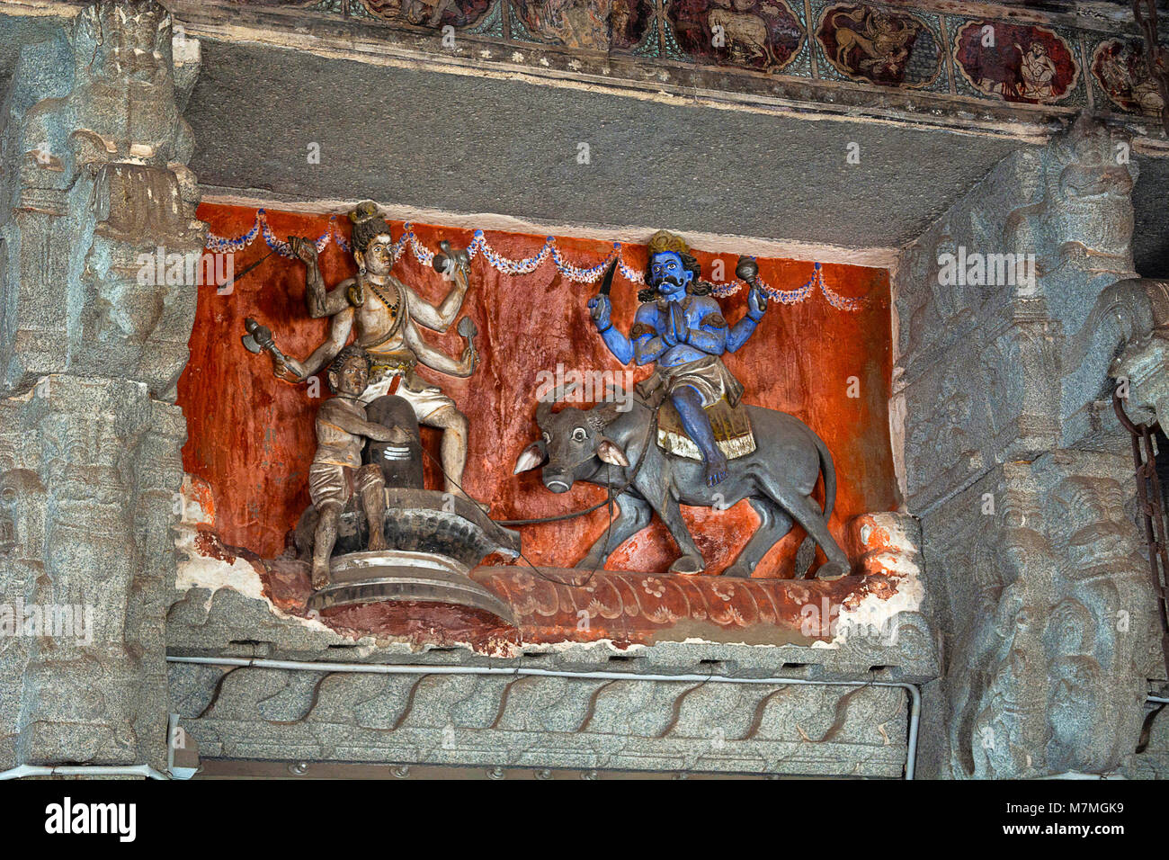 Sculptures Inside Virupaksha temple. Mythological story Of Lord shiva and Yamaraja Stock Photo