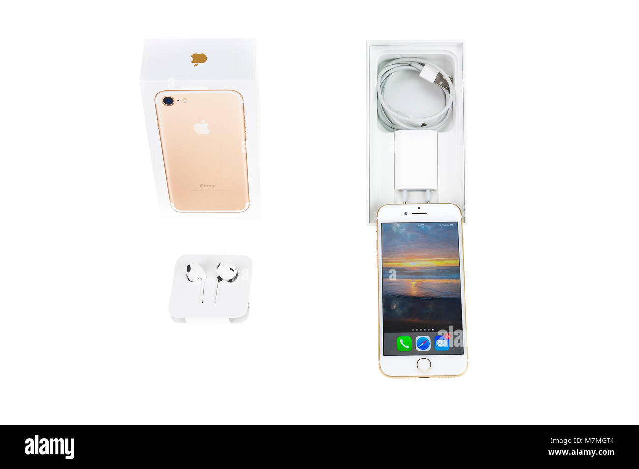 Brilon, Germany - March, 6th 2018: Apple I Phone 7 in rose gold in the typical scope of delivery Stock Photo