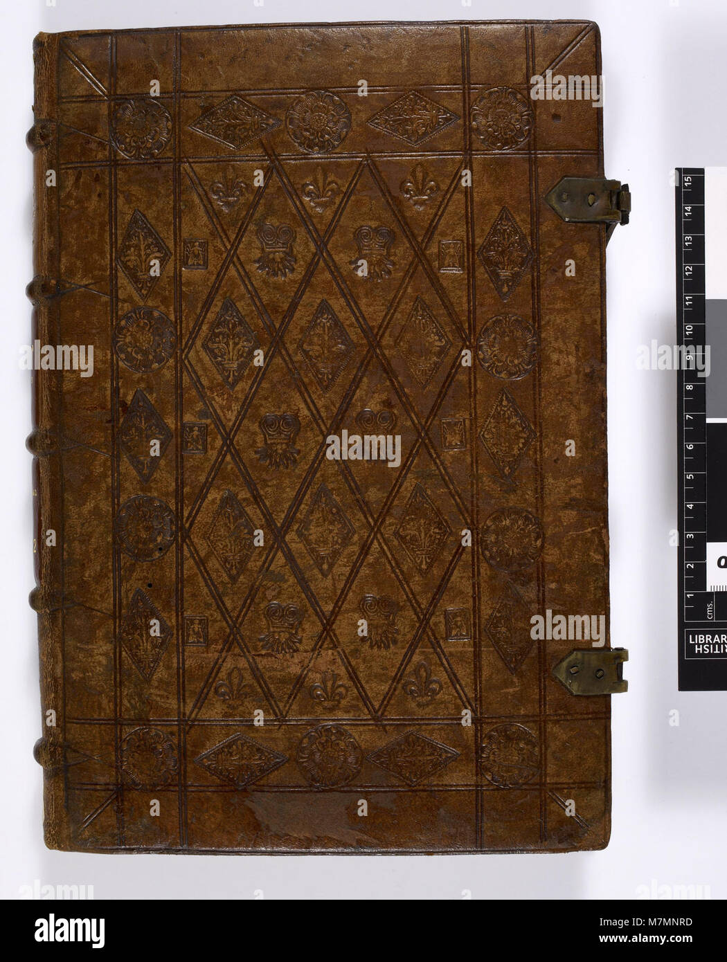 CARTULARIUM Abbatiæ S. Bavonis, Gandavi; compiled originally in -the latter half of the xiith century, and containing Charters and deeds -relating to the monastery, from the year 819 to that - Upper cover (Add ms 0110 Stock Photo