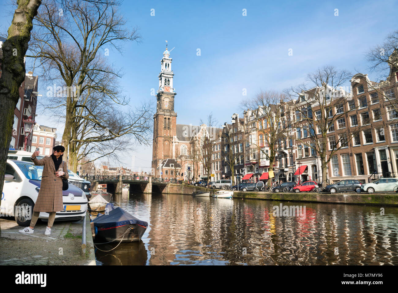Selfie with The Prinsengracht with the Westertoren / Westerkerk Stock Photo
