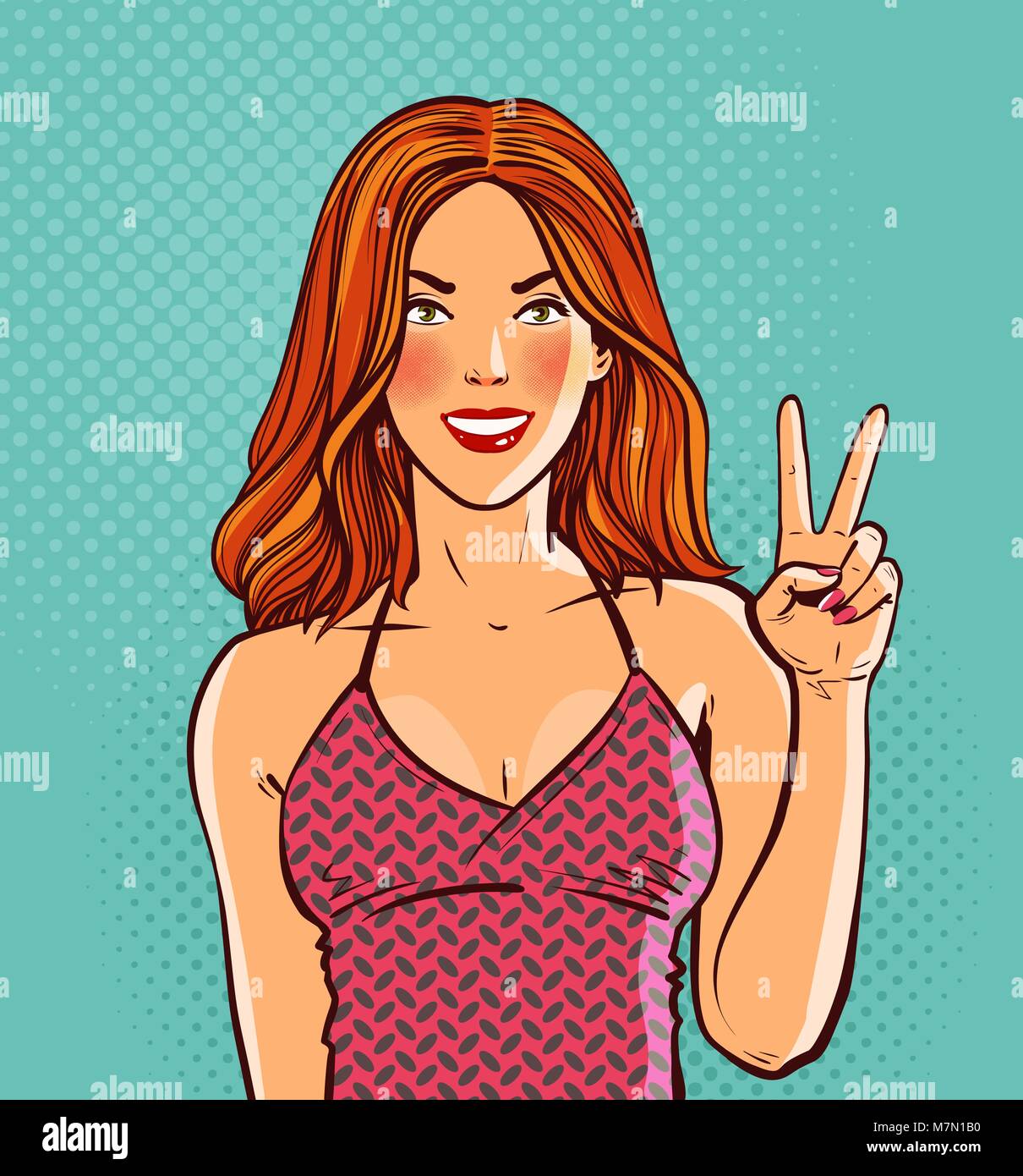 Beautiful redhead girl. Hand gesture is symbol of victory or peace. Pop art retro comic style. Cartoon vector illustration Stock Vector