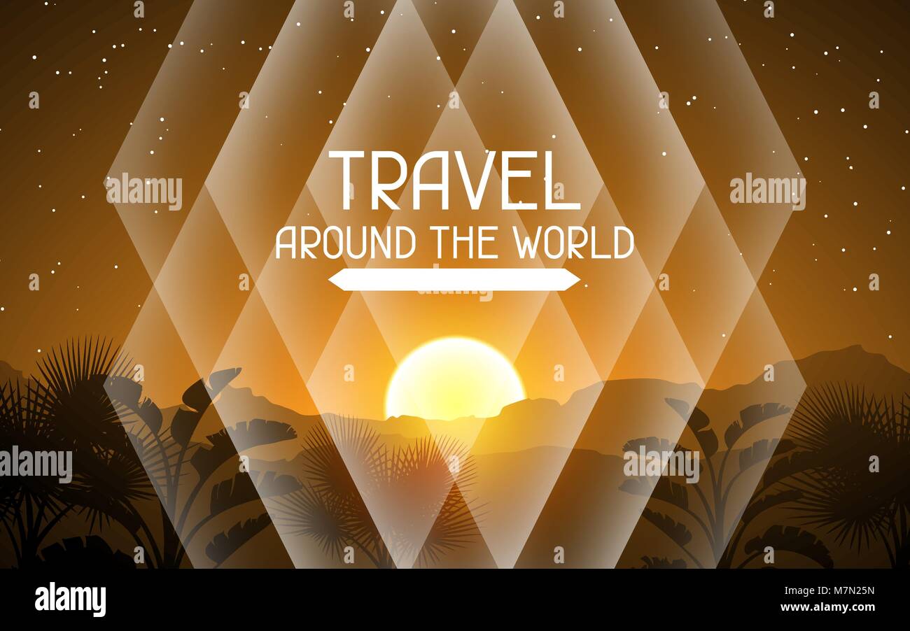 Travel around the world. Tropical background with landscape, sun and palm trees Stock Vector