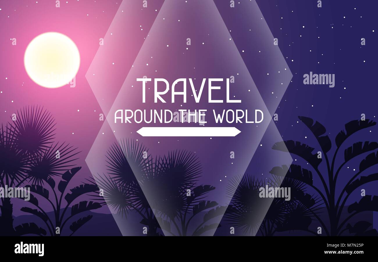 Travel around the world. Tropical background with landscape, moon and palm trees Stock Vector