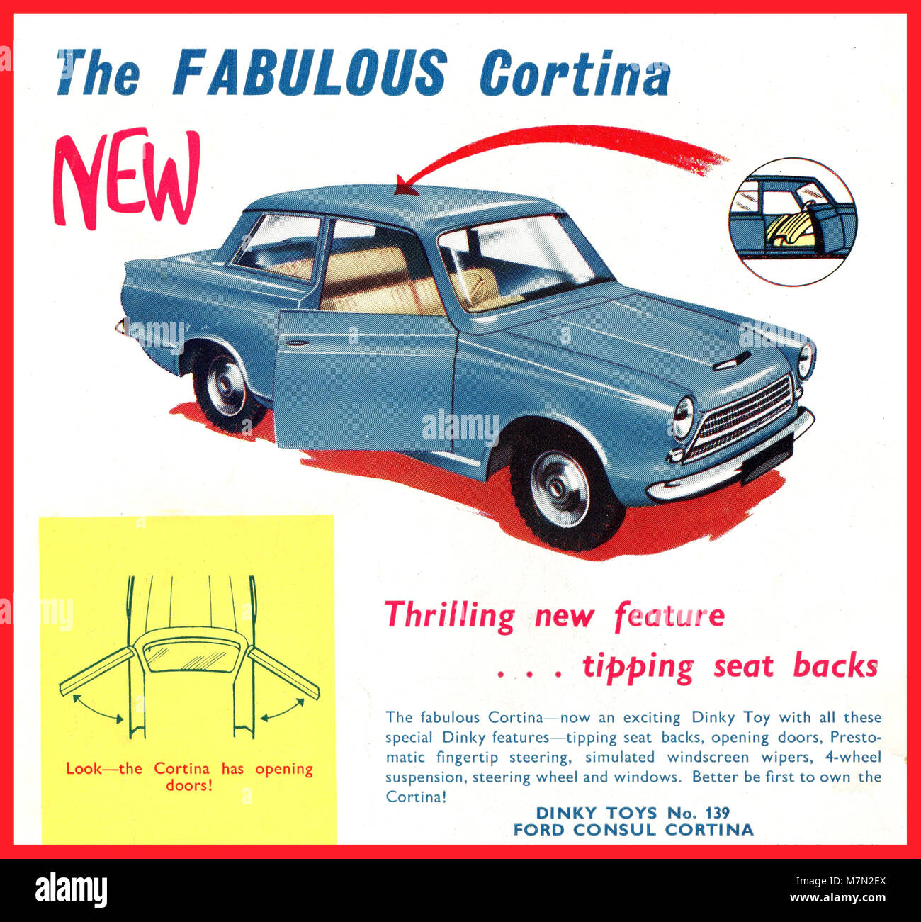 Vintage 1960’s Advertisement for Ford Consul Cortina Motorcar Dinky Toy. Stock Photo