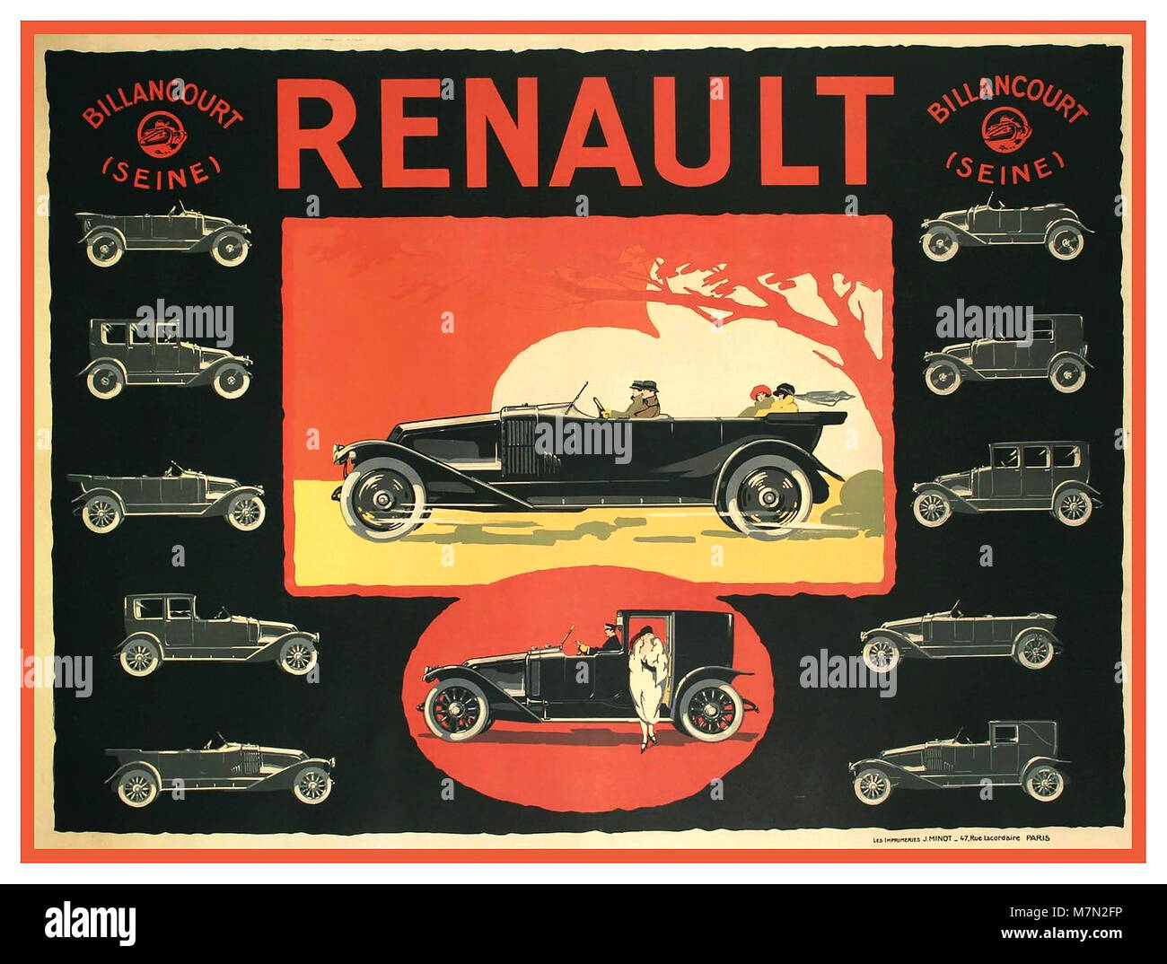 1900's Vintage French Renault Motorcar Automobile Car Poster. A French Art Deco period poster for Renault, circa 1920s depicting the company's elegant new models of the year and the stylish people that ride in them. Billancourt France Stock Photo