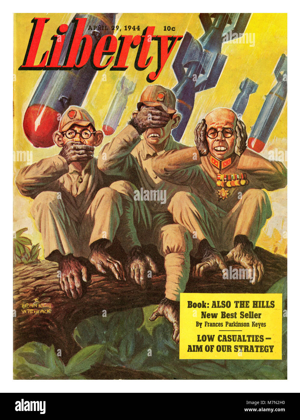 Vintage WW2 cover Liberty Magazine April 29 1944. The cover depicts Japanese soldiers perched on top of a tree limb within the jungle. Three Japanese soldiers (two privates and one decorated officer…who resembles Japan’s General and Prime Minister Hideki Tojo) with bombs falling in the background. Their hands and feet feature ape like features, exaggerated teeth, and posed in the famed speak no evil, see no evil, and hear no evil,  poses. Stock Photo