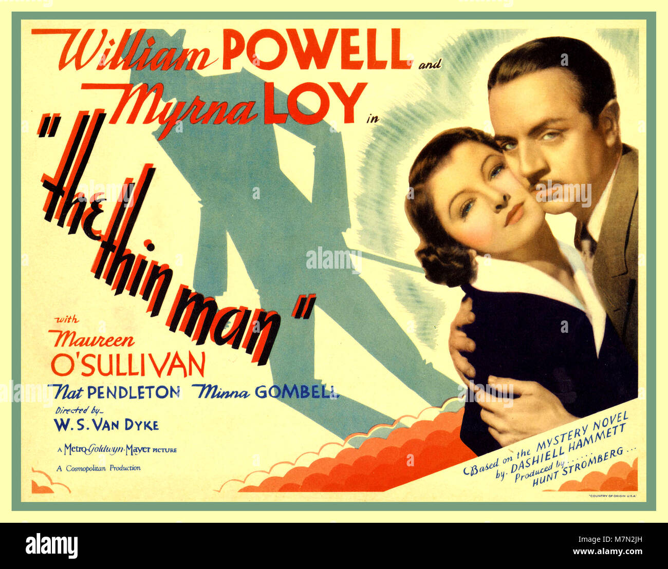 Vintage 1934 movie cinema poster ‘The Thin Man’ starring William Powell, Myrna Loy, Maureen O’Sullivan, Directed by W S Van Dyke based on a mystery novel by Dashiell Hammett Stock Photo