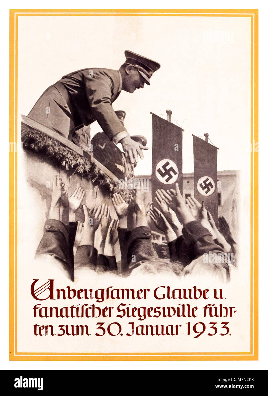 1930's German Nazi NSDAP propaganda poster for Adolf Hitler becoming Chancellor of Germany. Caption reads... 'Unwavering faith and a fanatical will to win led to January 30, 1933,' Stock Photo