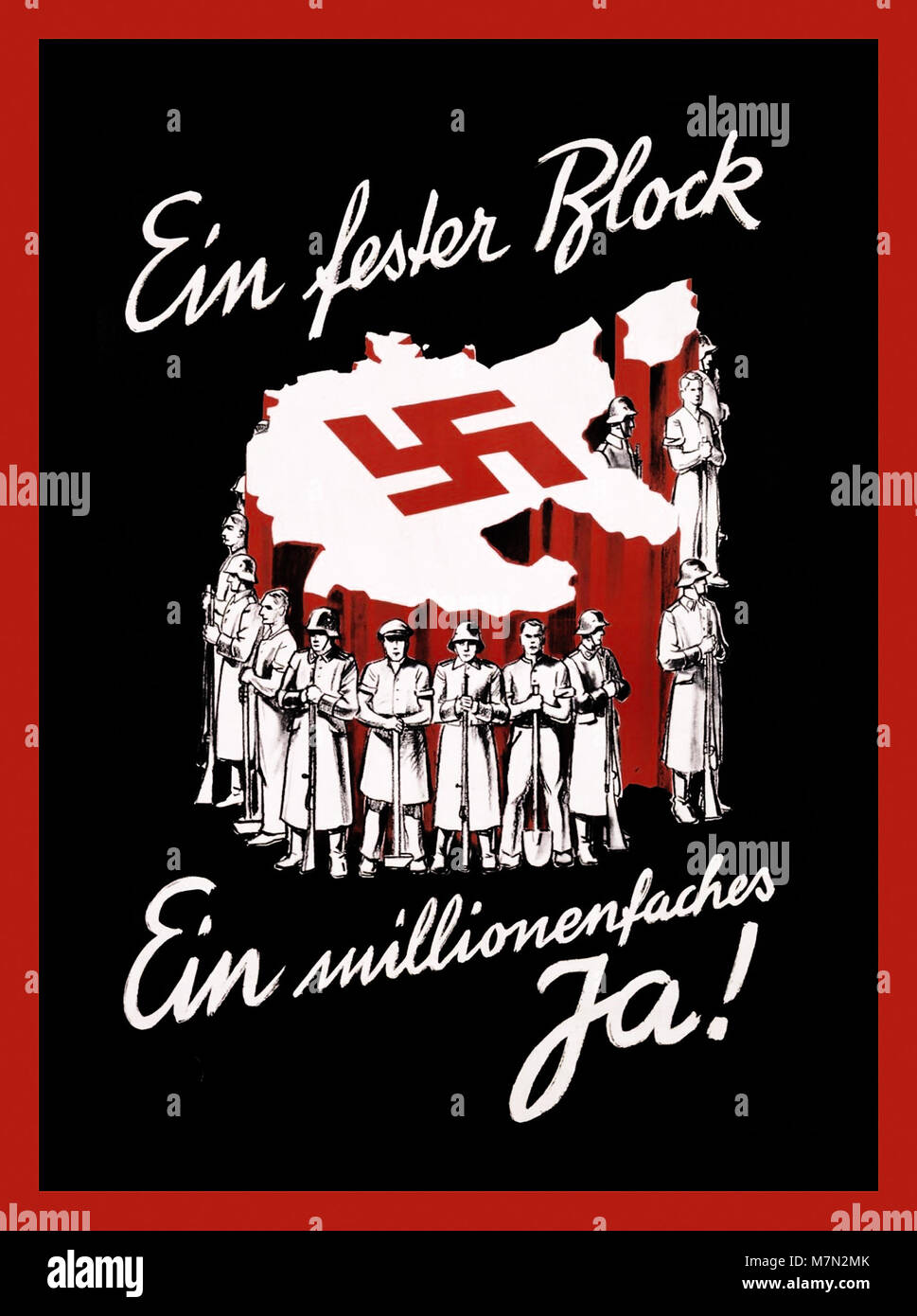 Vintage WW2 Nazi Propaganda poster with Swastika Map of Germany promotes the 'Anschluss' of Austria, 1938  'A solid block / a millionfold yes!' This propaganda poster promotes meeting on 10 April 1938 for Austria's 'Anschluss'. The Nazi leadership de-seminated the fiction of  defending 'national community', whose power was based on military, industry and agriculture and was ready to 'defend the achievements of National Socialism' at any cost... Stock Photo