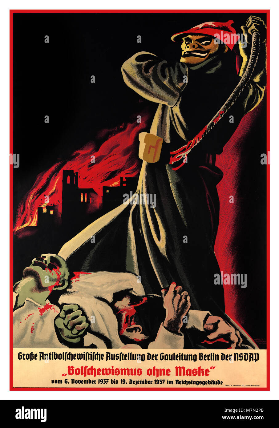 1937 Vintage pre WW2 German anti-Bolshevik Nazi propaganda poster. The translated caption: 'Bolshevism without a mask' – produced for a large anti-Bolshevik exhibition of the NSDAP Gauleitung Berlin from November 6, 1937 to December 19, 1937 in the Reichstag building  Berlin Germany Stock Photo