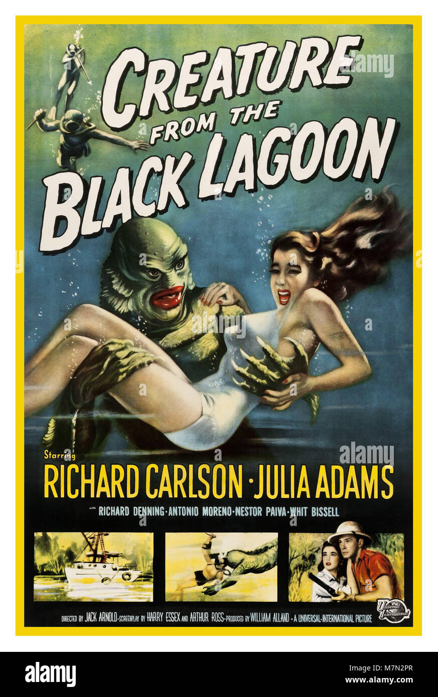 1950's Vintage movie poster 'Creature from the Black Lagoon' is a 1954 American black-and-white 3D monster horror film from Universal-International, produced by William Alland, directed by Jack Arnold, that stars Richard Carlson, Julia Adams, Richard Denning, Antonio Moreno and Whit Bissell. Stock Photo