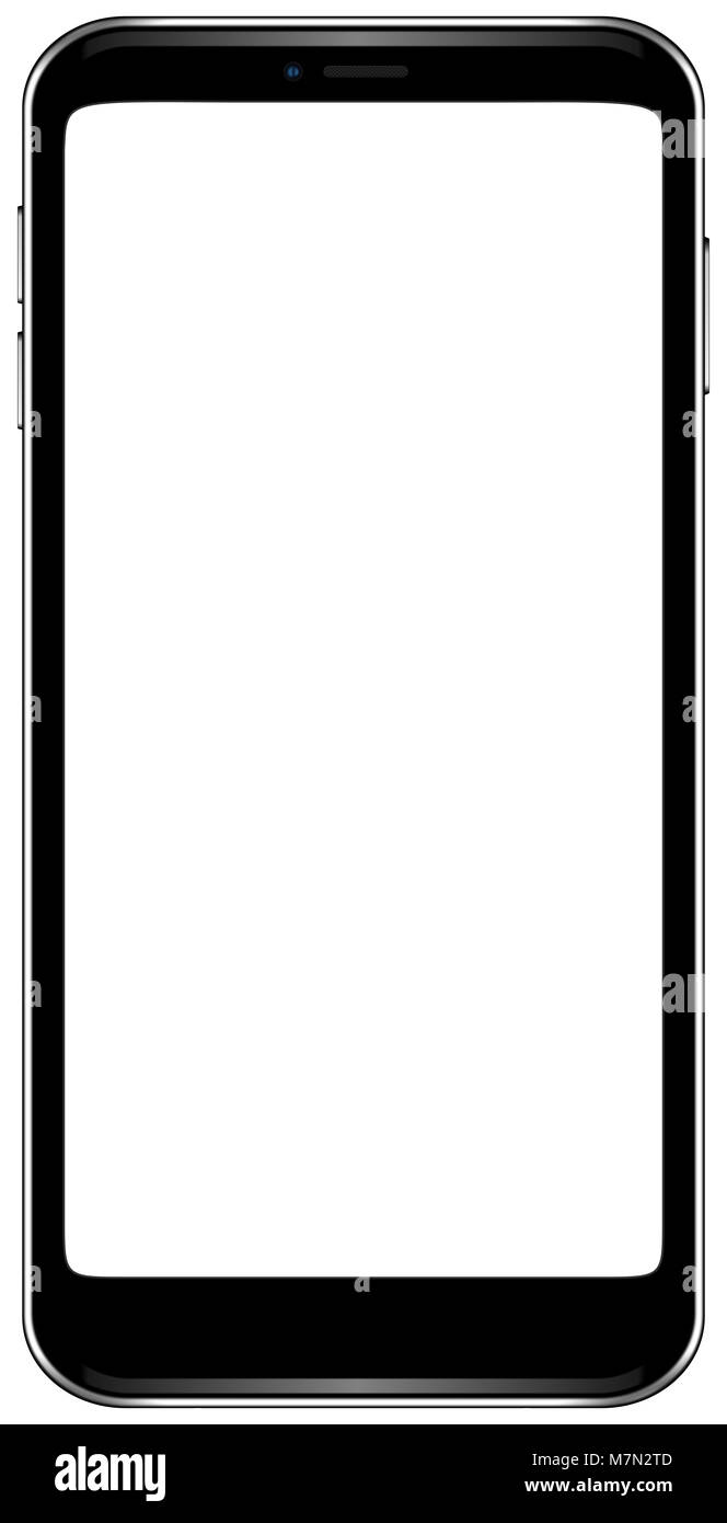 Brand new smartphone black color with blank screen mockup. Front view