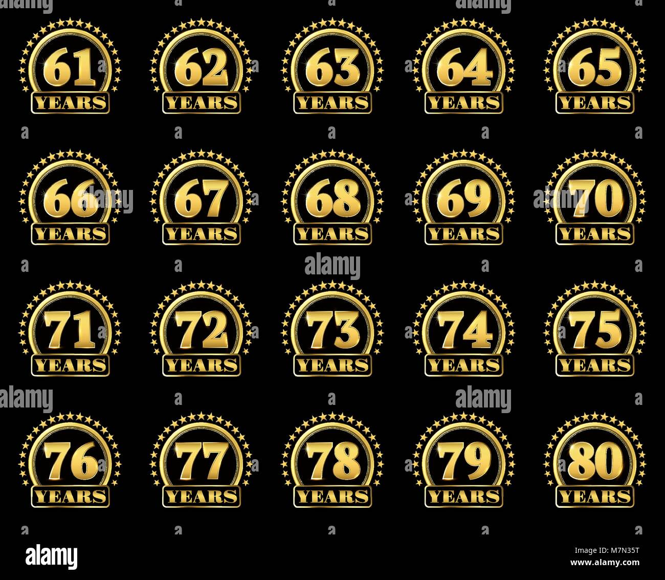 Set of gold numbers from 61 to 80 and the word of the year decorated with a circle of stars. Vector illustration. Stock Vector