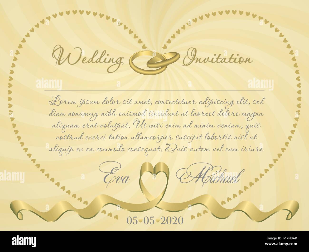 Wedding invitation or card with ribbon form of a heart and a contour of ...