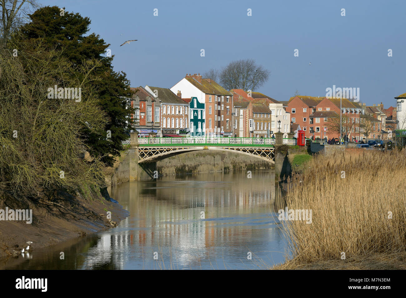 Town Bridge over the River Parrett, with West Quay behind Bridgwater, Somerset Bridge opened 1883 Stock Photo