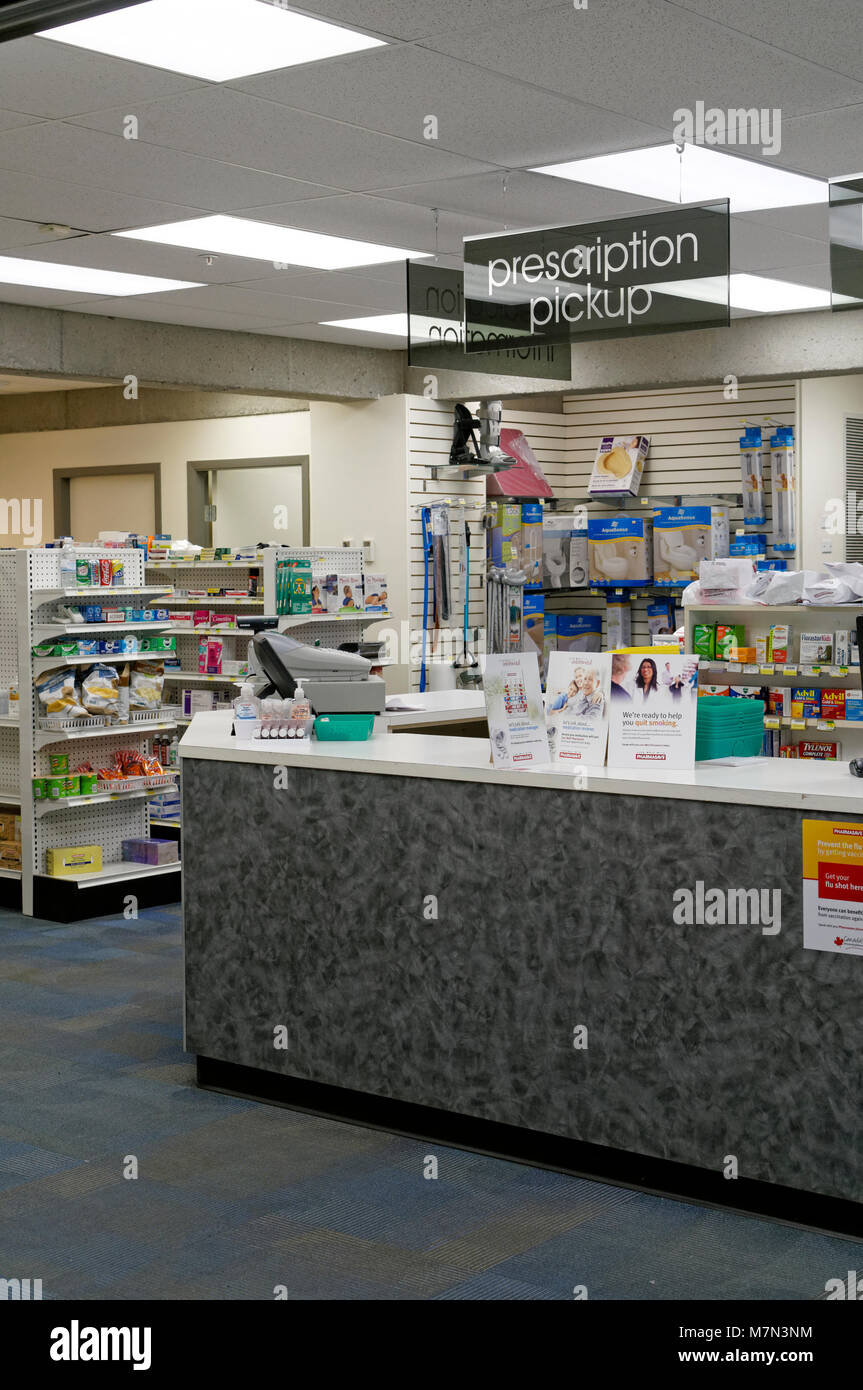 Prescription pickup counter in a pharmacy and medical supplies store