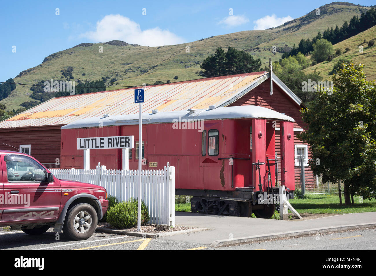 Restored railway carriage at former Railway Station, Little River, Banks Peninsula, Canterbury, New Zealand Stock Photo