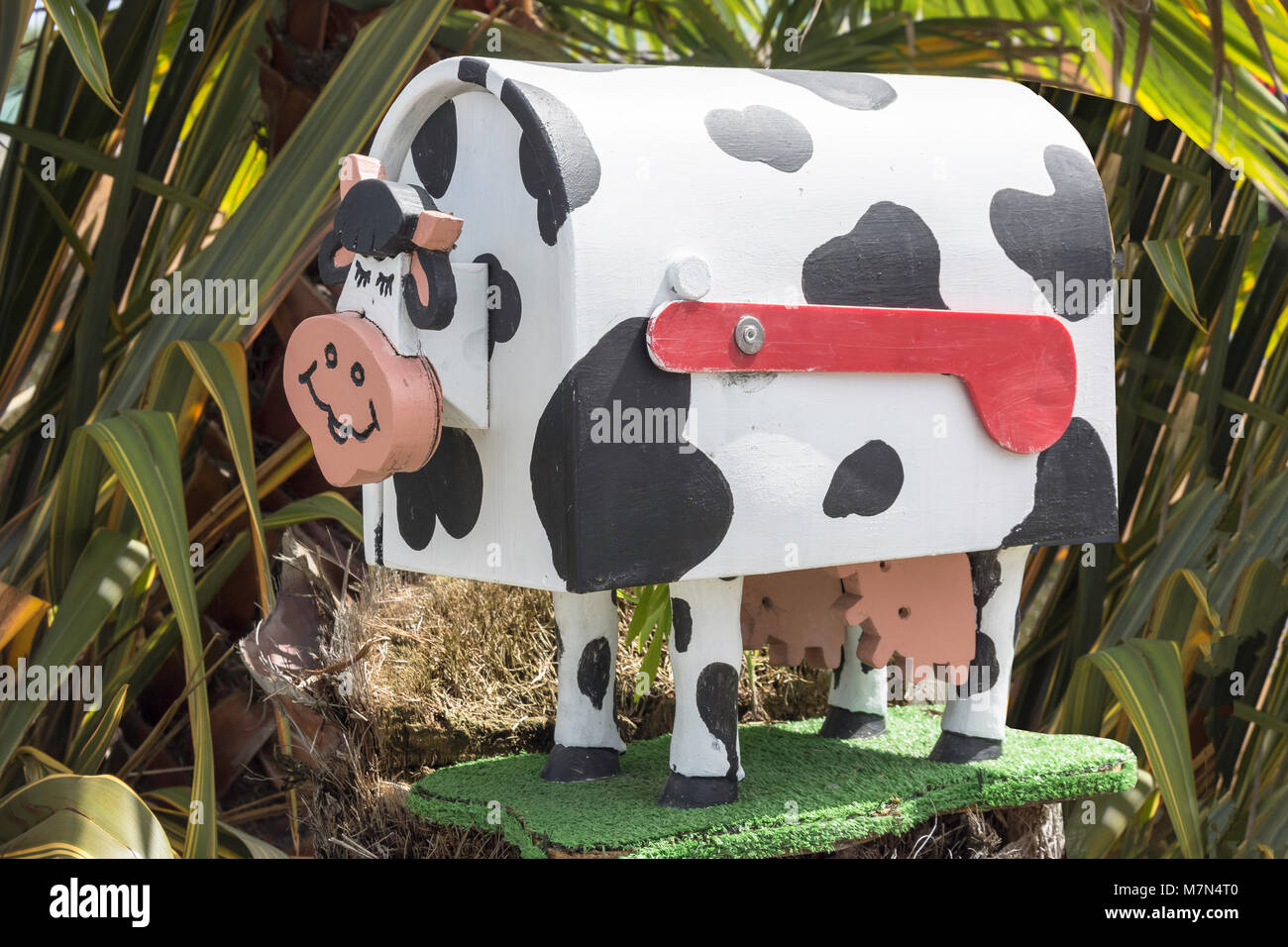 Cow letterbox at The Lazy Cow Accommodation, Waller Street (State Highway 6), Murchison, Tasman Region, New Zealand Stock Photo