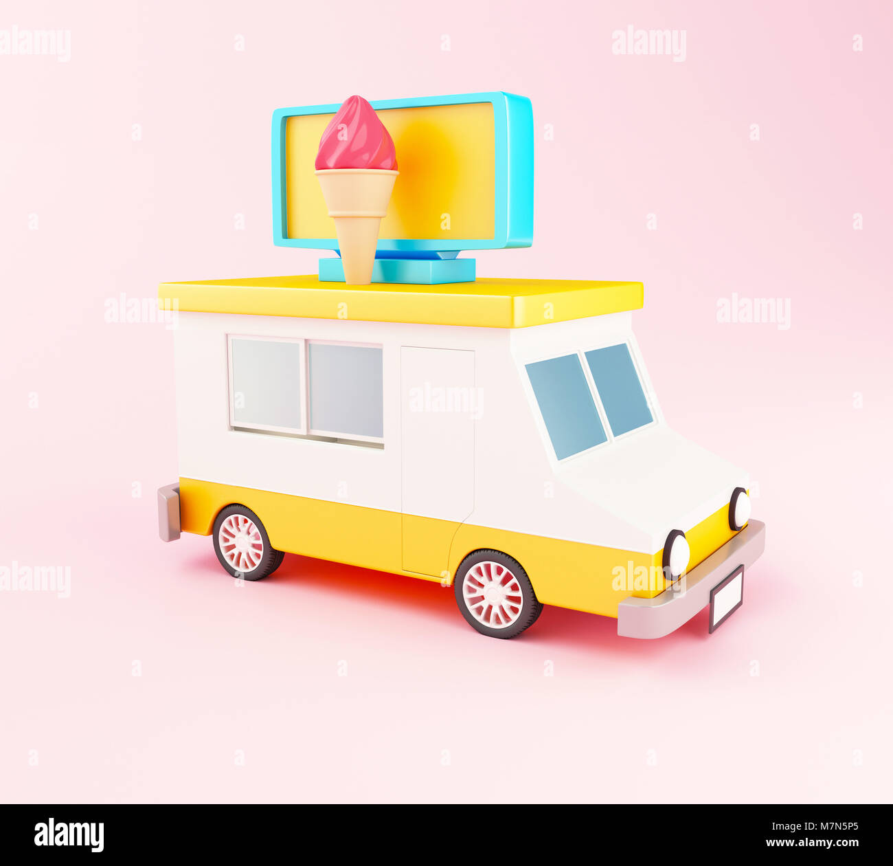 3d illustration. Ice cream food truck cartoon style on pink background. Fast food concept. Stock Photo