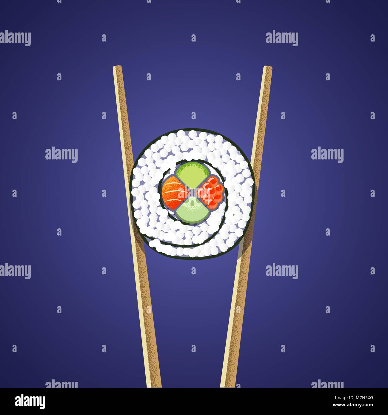 Illustration of sushi roll holding between two chopsticks on the dark background. Flat and textures. Stock Vector