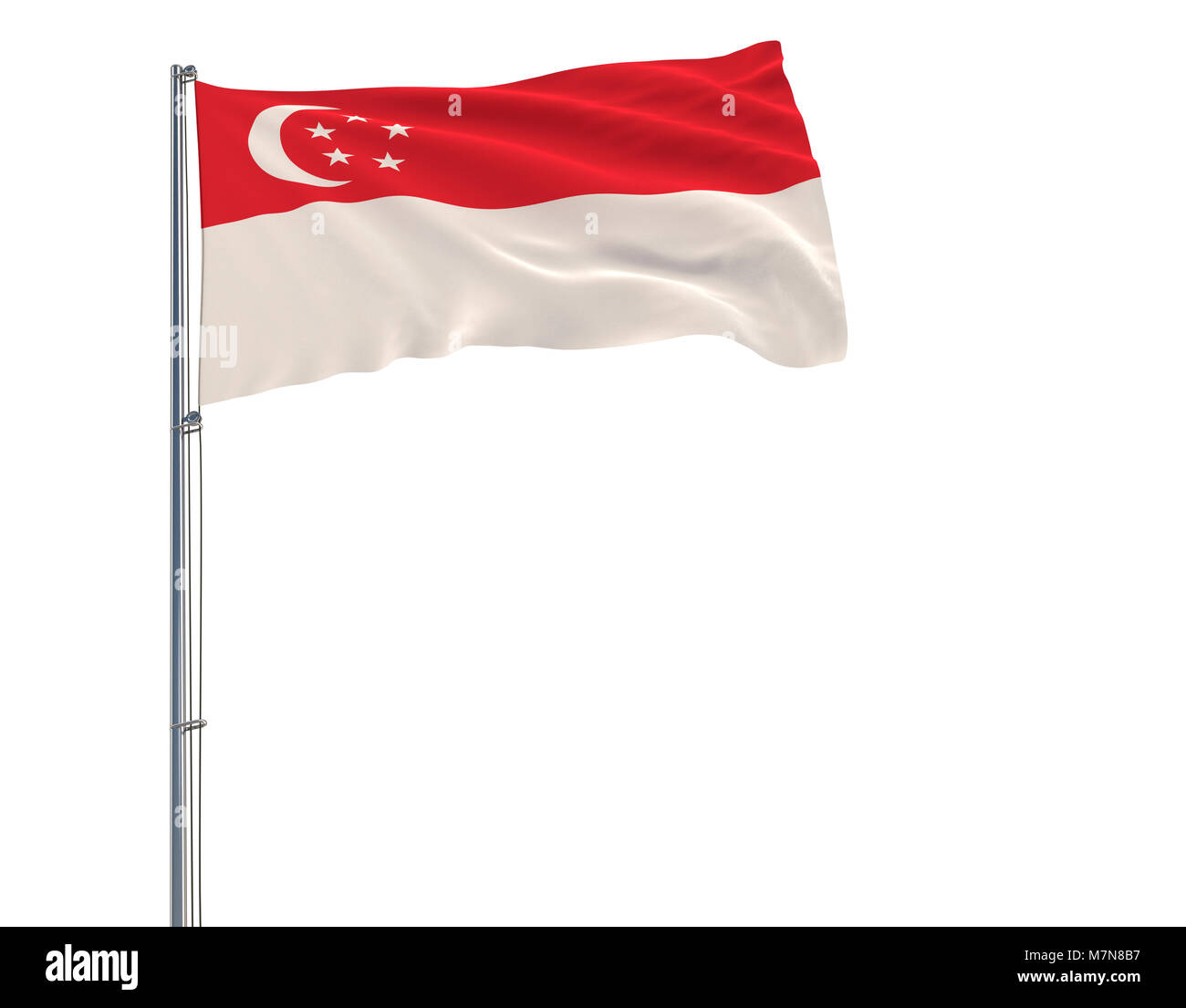 Flag of Singapore on flagpole fluttering in the wind on white