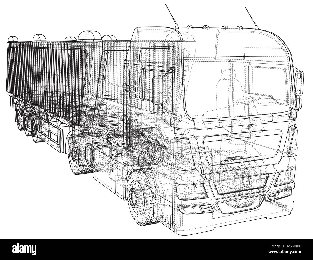 Truck with trailer vector. Isolated on white. Vehicle mockup. Created illustration of 3d. Wire-frame. Stock Vector