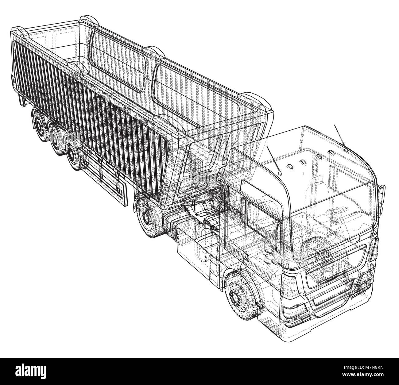 Truck with trailer vector. Isolated on white. Vehicle mockup. Created illustration of 3d. Wire-frame. Stock Vector