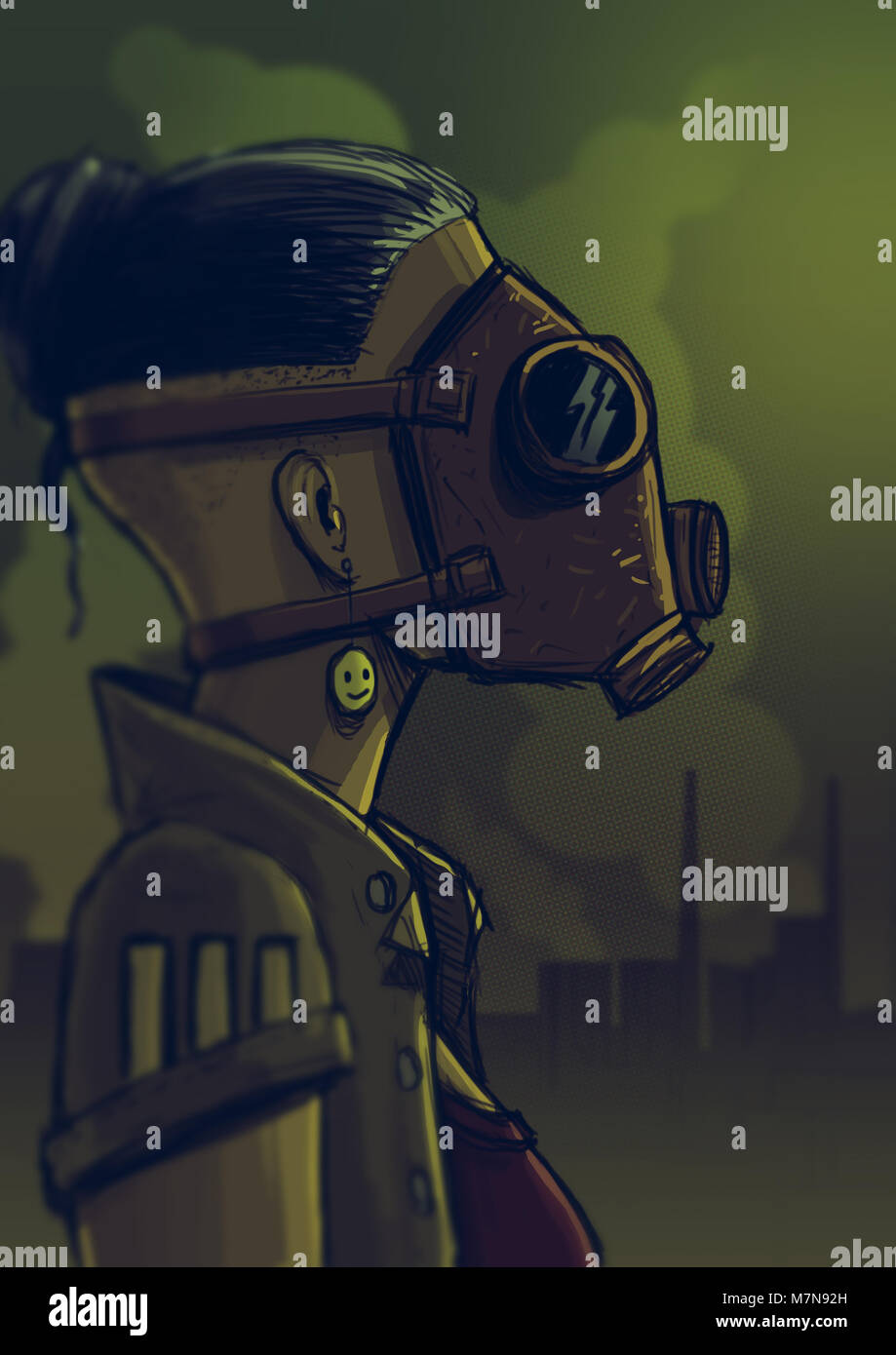 Digital illustration of a girl wearing a gas mask while smoke pollutes ...