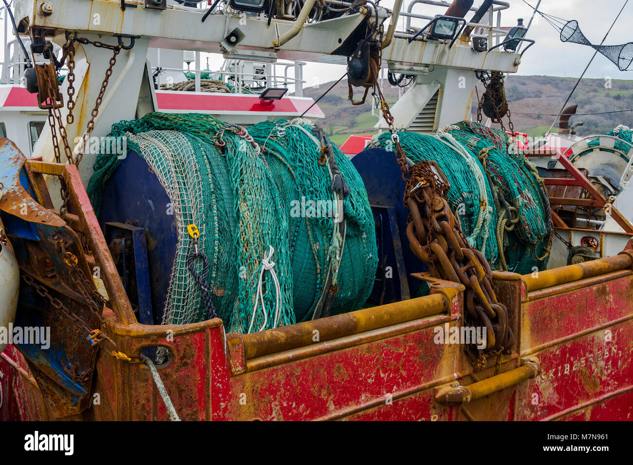 Fishing nets on a commercial trawler moored in Union Hall, Clontaff, County Cork, Ireland. Stock Photo