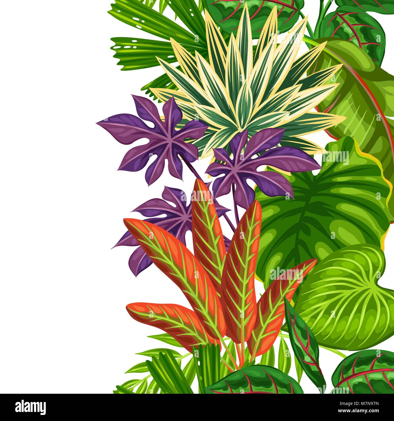 Seamless vertical border with tropical plants and leaves. Background ...