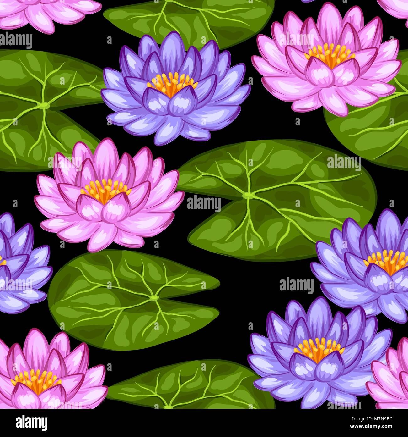Natural seamless pattern with lotus flowers and leaves. Background made