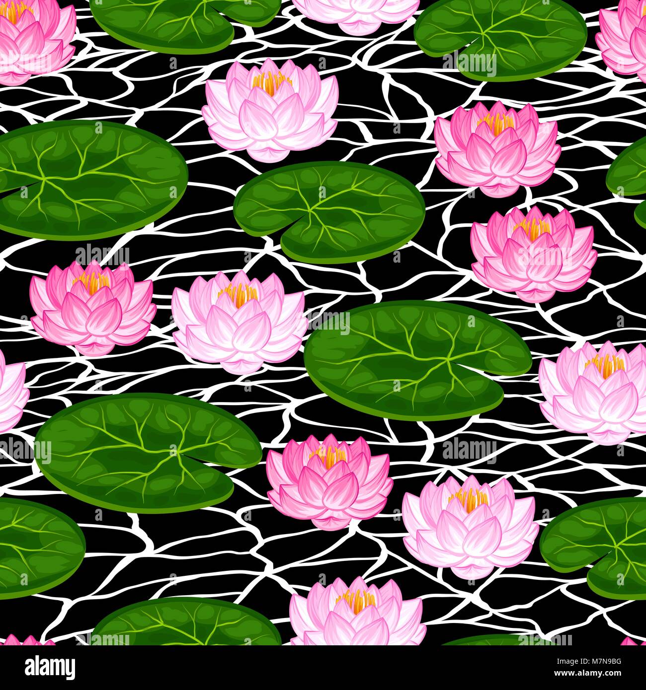 Natural seamless pattern with lotus flowers and leaves. Background made