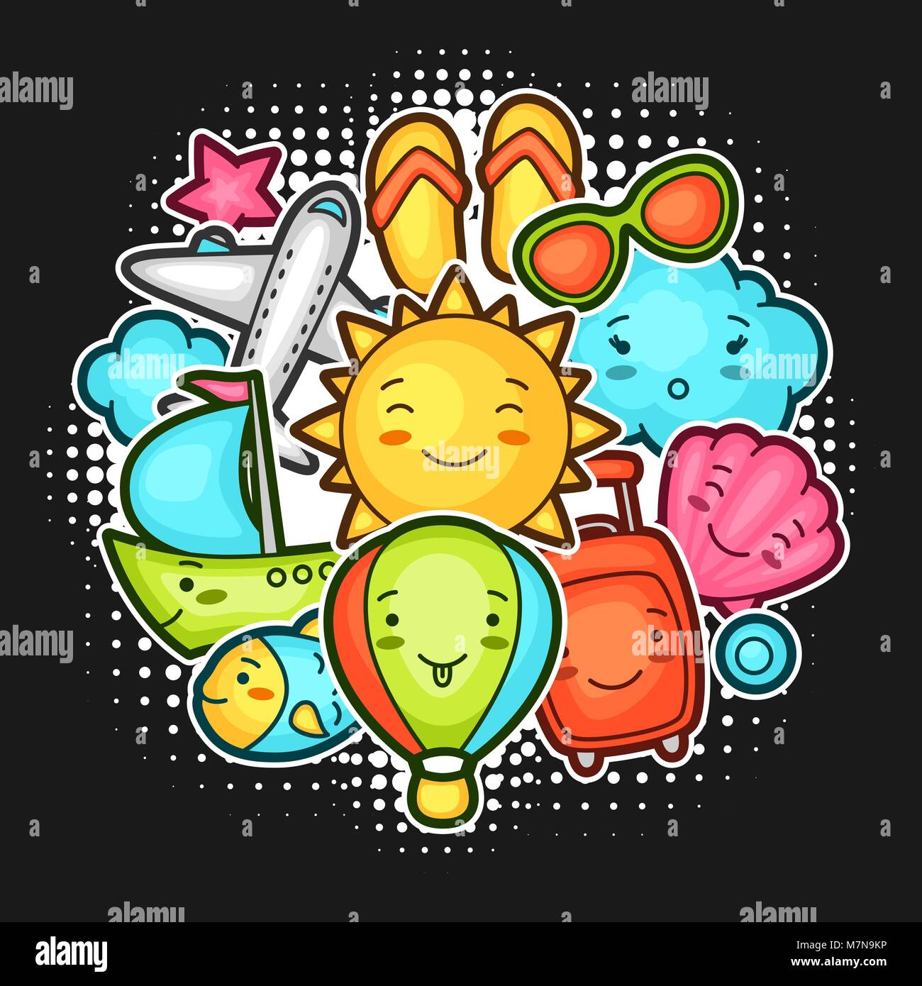 Cute travel background with kawaii doodles. Summer collection of ...