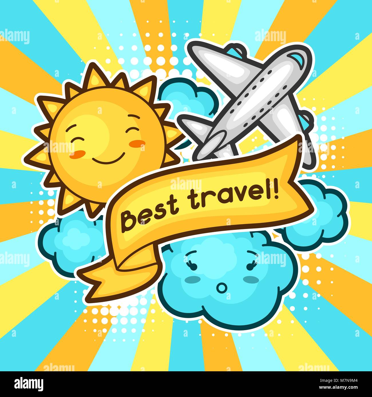 Cute travel background with kawaii doodles. Summer collection of cheerful cartoon characters sun, airplane, cloud and decorative objects Stock Vector
