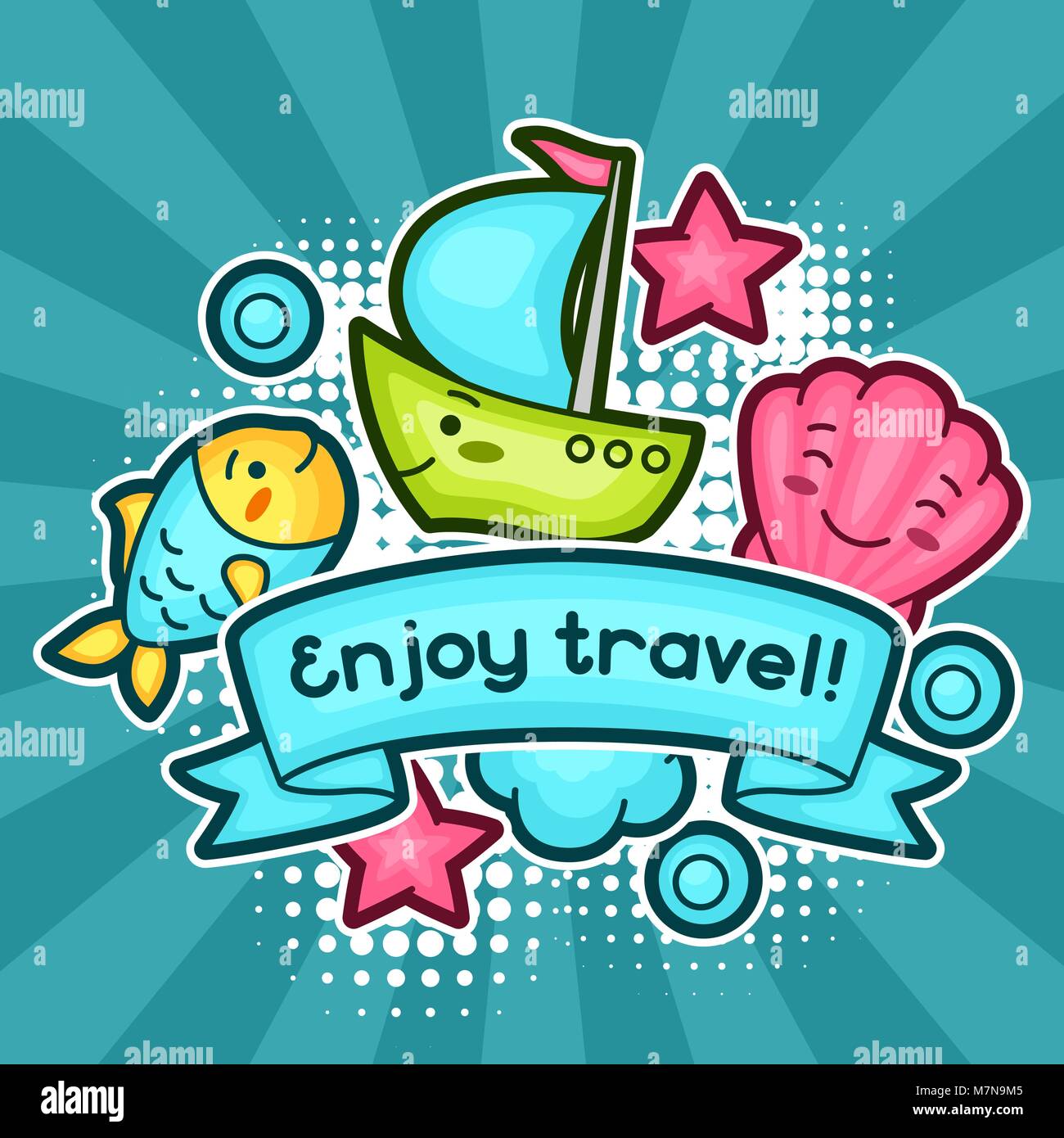 Cute travel background with kawaii doodles. Summer collection of cheerful cartoon characters fish, shell, ship, cloud and decorative objects Stock Vector