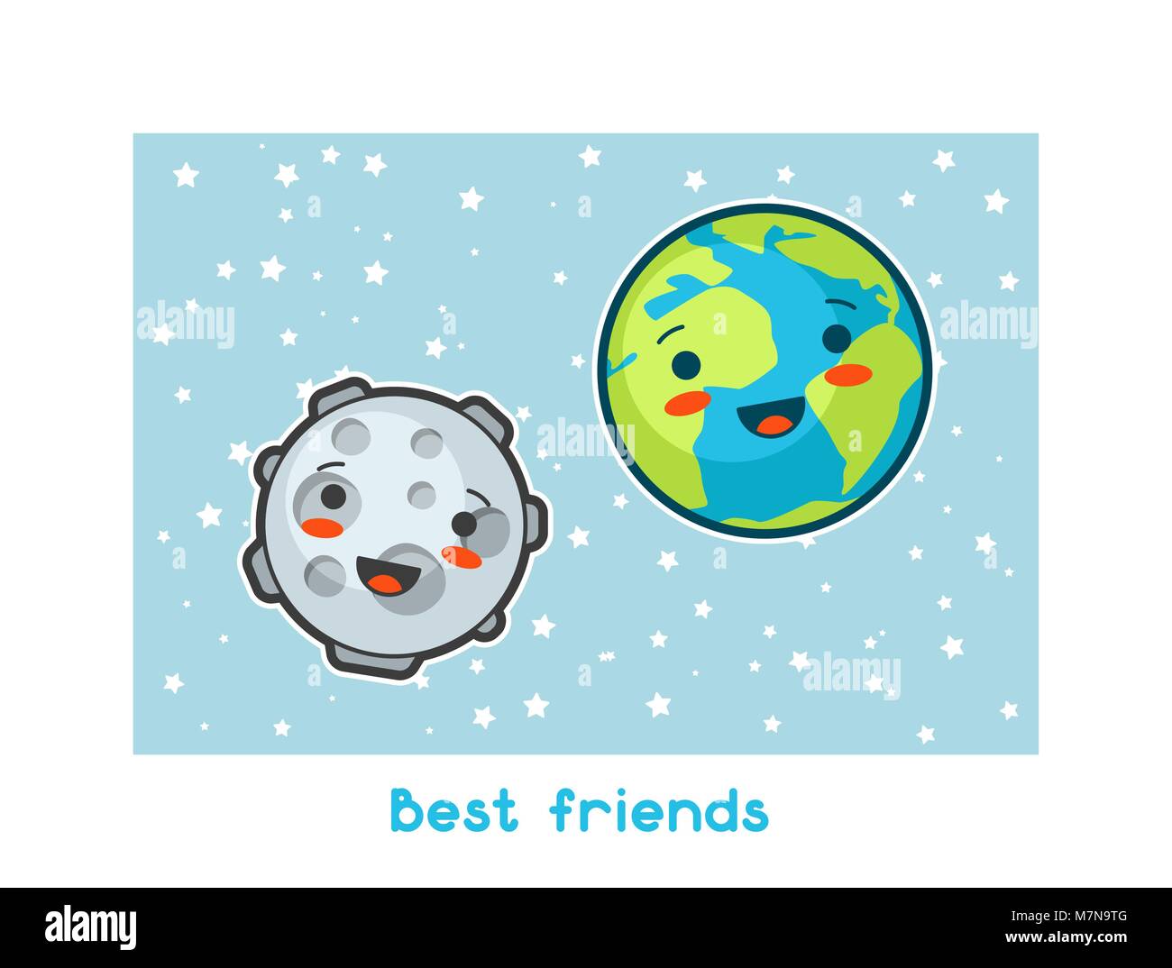 Best friends. Kawaii space funny card. Doodles with pretty facial expression. Illustration of cartoon earth and moon Stock Vector