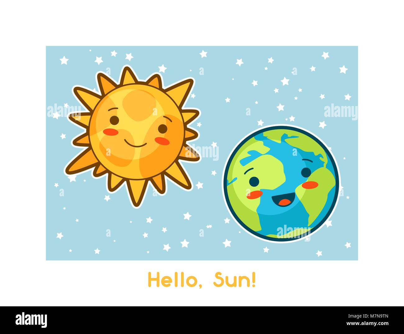 Hello, Sun. Kawaii space funny card. Doodles with pretty facial expression. Illustration of cartoon sun and earth Stock Vector