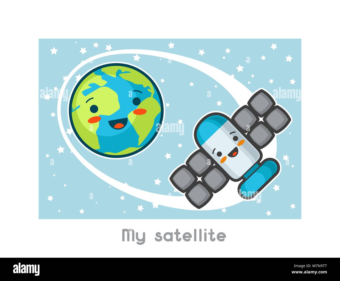 My satellite. Kawaii space funny card. Doodles with pretty facial expression. Illustration of cartoon earth and sputnik Stock Vector