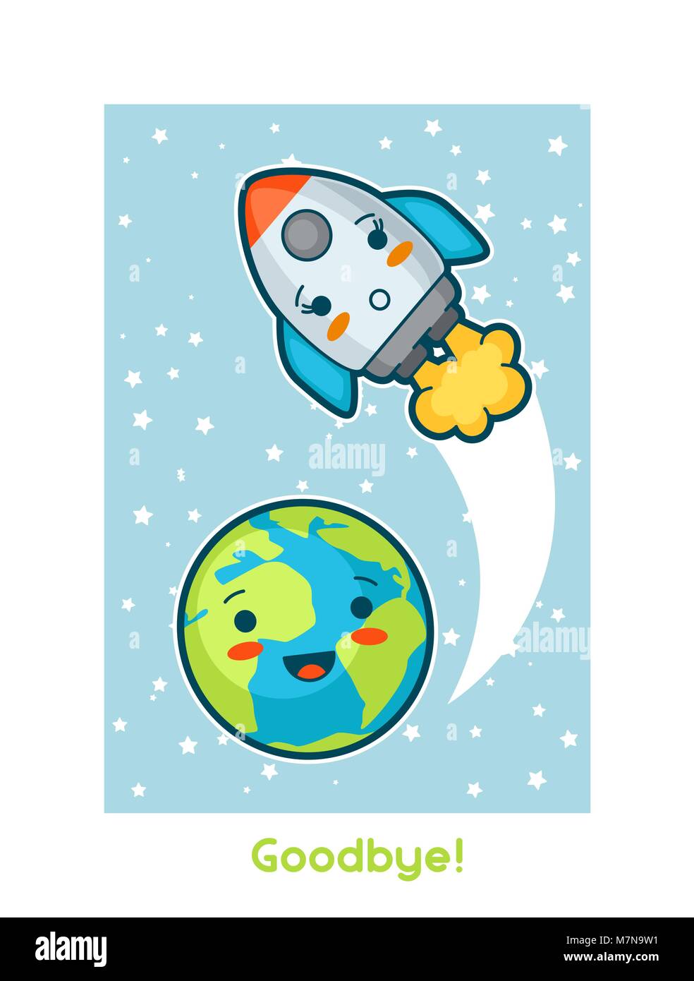 Goodbye. Kawaii space funny card. Doodles with pretty facial expression. Illustration of cartoon earth and rocket Stock Vector