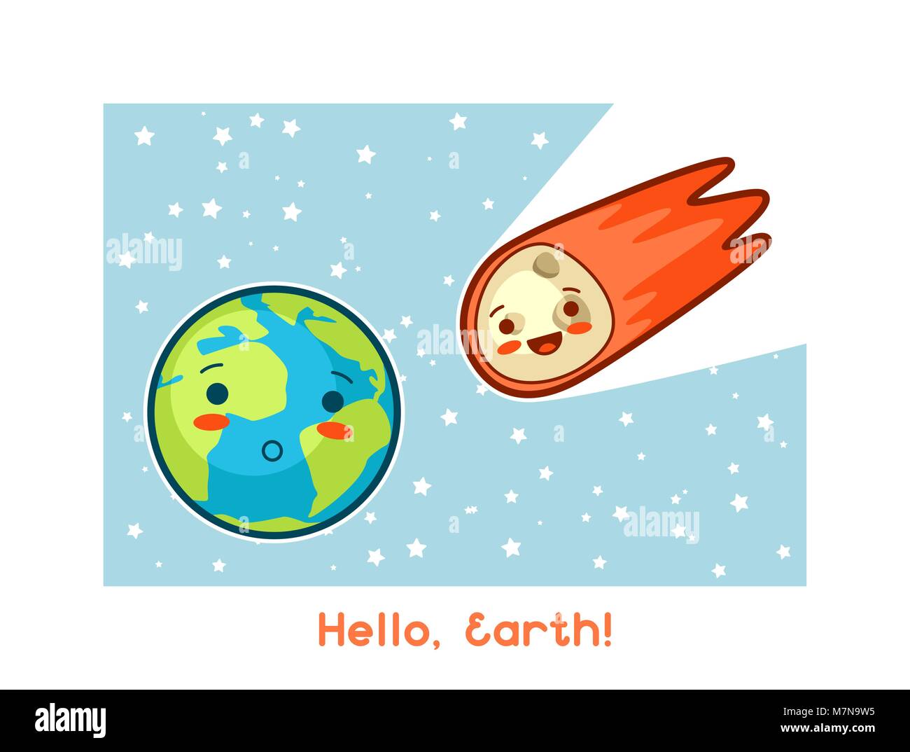 Hello, Earth. Kawaii space funny card. Doodles with pretty facial expression. Illustration of cartoon earth and asteroid Stock Vector